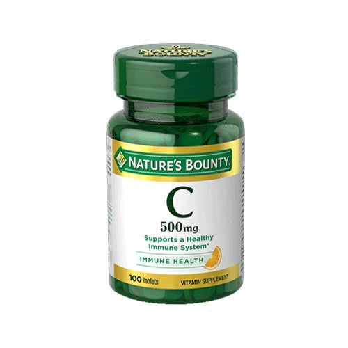 A bottle of Nature's Bounty Vitamin C 500mg with 100 vegan caplets. The label indicates that it supports a healthy immune system and assists with weight loss.