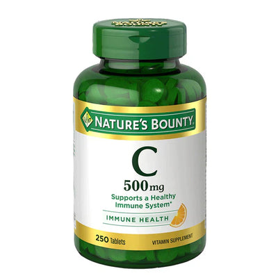 A bottle of Nature's Bounty Vitamin C 500mg supplement with 250 veg caplets. The label indicates it supports a healthy immune system.