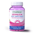 A bottle of Nutrifactor Dermazon SKIN, HAIR & NAILS supplements with 30 tablets, emphasizing biotin 2000 mcg per serving for healthier skin, thicker hair, and stronger nails.
