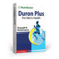 Packaging for Nutrifactor Duron Plus, a dietary supplement for men's health with strength and performance claims, featuring 30 tablets.