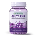 A purple bottle of Nutrifactor Gluta Fair L-Glutathione with Vitamin C, indicating it is a dietary supplement with 30 capsules for skin health.