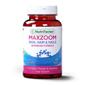 A bottle of Nutrifactor Maxzoom Skin, Hair & Nails Advanced Formula, containing 60 tablets for healthy hair and nails.