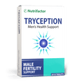A box of Nutrifactor Tryception Mens Health support, with 30 tablets. The packaging is primarily white and blue, with an illustration of a cell and text detailing the product's use for male fertility support.