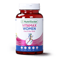 A bottle of Nutrifactor Vitamax Women supplement with 30 tablets for multivitamin needs, targeted at women. The packaging is predominantly red and white with images of a woman and a running figure, indicating energy and fitness.