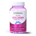 A bottle of Nutrifactor Nutri Collagen supplements with 60 capsules, labeled for supporting skin, hair, nails, and joint health.