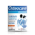Packaging of Vitabiotics Osteocare Original with 30 tablets, highlighting calcium, magnesium, vitamin D, and zinc for bone health. The package supports the Royal Osteoporosis Society and indicates suitability for vegans.