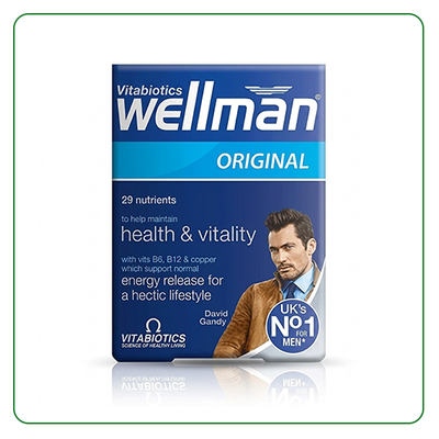 Vitabiotics Wellman Original supplement packaging with a man on the label.
