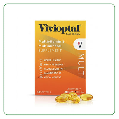Vivioptal multivitamin supplement packaging with softgels on a white background